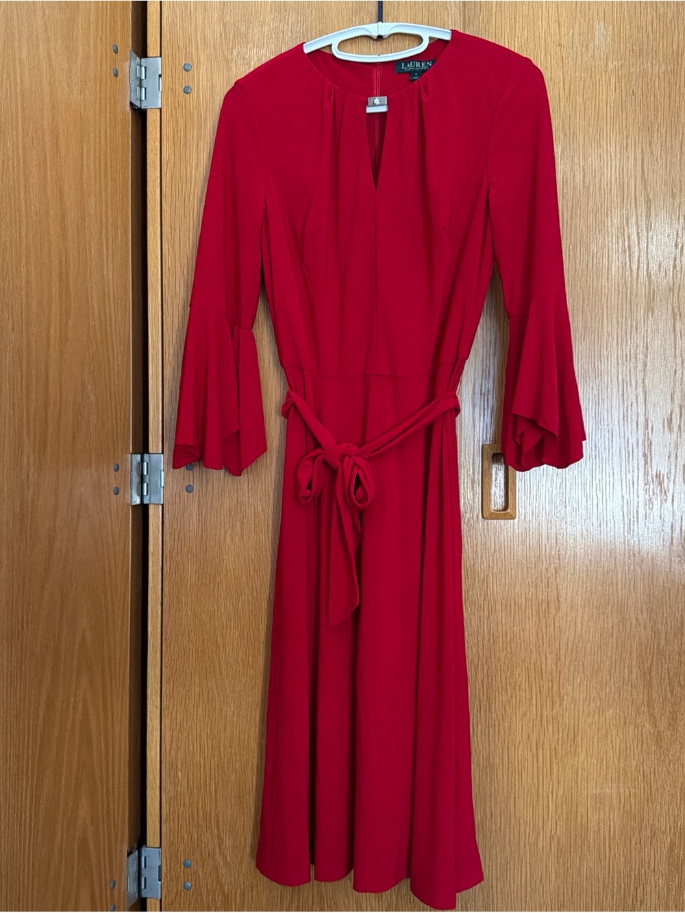 Ralph Lauren Red Keyhole Midi Dress with Tie Waist